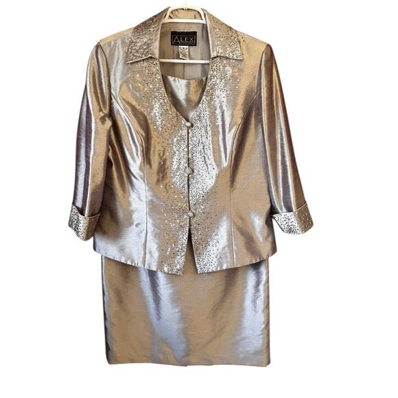 Alex Evenings Jackets & Blazers - Alex Evenings Women’s Beige Satin Sequin Mother of The Bride Jacket Skirt Sz. 16